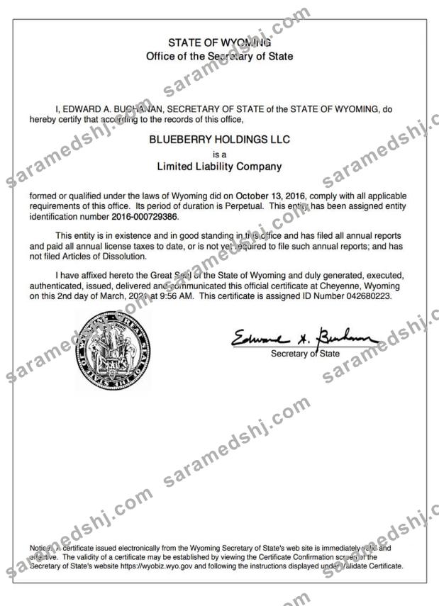 USA Wyoming certificate of good standing
